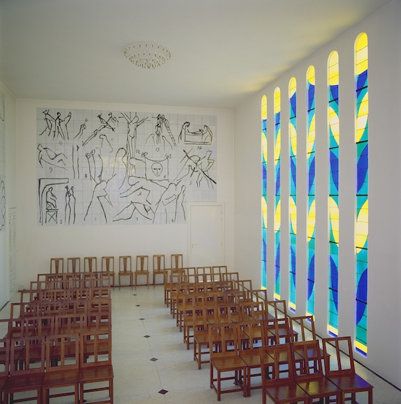 View of the Nave, Stained-Glass Side Window and Stations of the Cross in the Chapelle du Rosaire, Vence, France