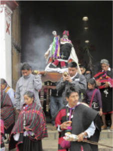 "Fiesta" diptych — During the feast of the patron Saint Idelfonso there is a procession with the saints' statues. Juana Girón Intzín, 2013. Tseltal ethnic group.