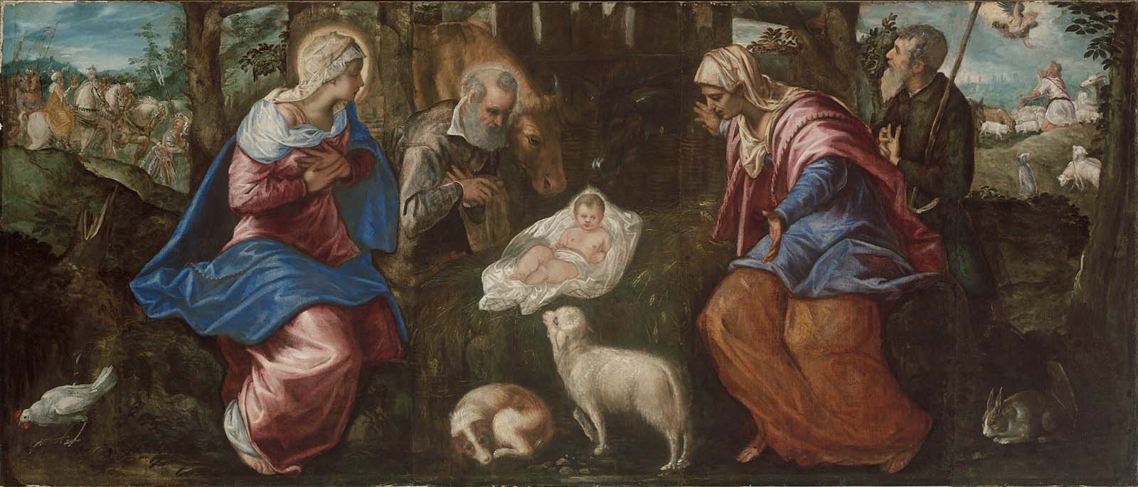 Jacopo Tintoretto (Jacopo Robusti), The Nativity, Italian, late 1550s (reworked, 1570s), oil on canvas, 155.6 x 358.1 cm. Museum of Fine Arts, Boston: gift of Quincy Shaw, accession number 46.1430. Photograph © 2016 Museum of Fine Arts, Boston.