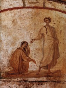 Figure 1: Fresco wall painting, Jesus healing the woman with the blood issue, Catacomb of Peter and Marcellinus, Rome, fourth century CE (Photo: Wikimedia Commons)