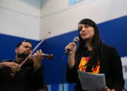 Street Symphony Fellow Christina Collier, a member of the Skid Row community, performs a solo at Messiah Project 2017. The Messiah Project is a free singalong of Handel’s Messiah at Skid Row’s The Midnight Mission, a 12-step recovery shelter. Photo by Kat Bawden.