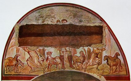 Fresco wall painting, raising of Lazarus, Catacomb of Priscilla, Rome, early to mid-third century CE (photo from Joseph Wilpert, <em>Roma sotterranae: le pitture delle catacomb romane</em>, Rome: Desclée, Lefebvre, 1903, pl. 45)