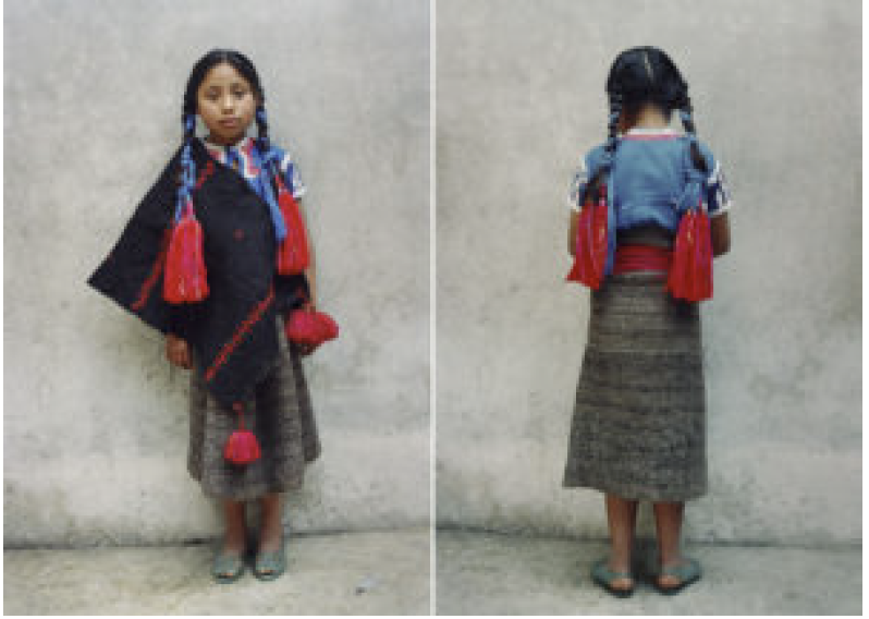 "Retrato" diptych — My little sister Cristina is looking at the camera in her traditional clothing. Xunka' López Díaz, 2000. Tsotsil ethnic group.